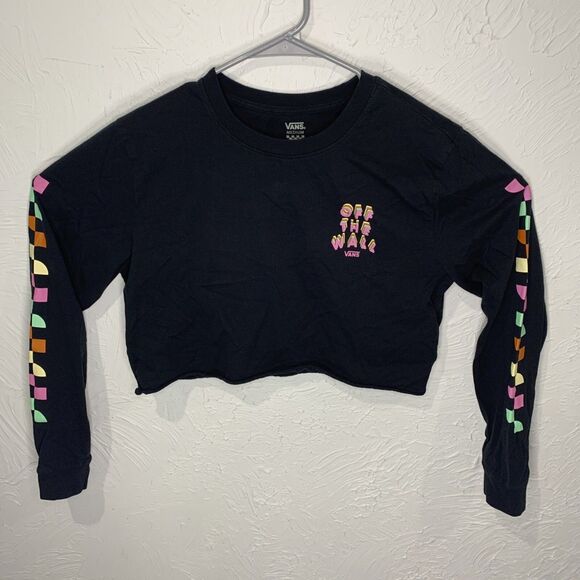 Vans Off The Wall Black Long Sleeve Crop Top with Multi-Color Checkered Sleeve - Picture 1 of 3